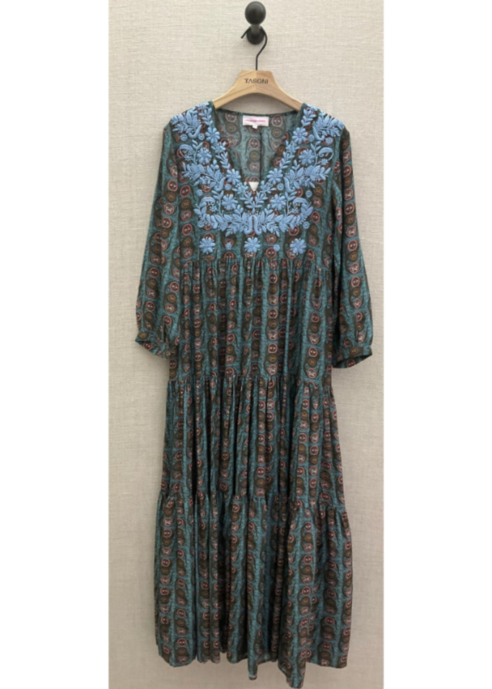 Muzungu Sisters Muzungu Sisters Dress, Print, Frangipani Dress Silk V-Neck Long Sleeve Long Dress in Blue w/ Serpent Ocean Print & Light Blue Embroidery
