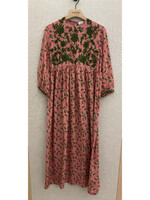 Muzungu Sisters Muzungu Sisters Dress, Print, Touba Silk Crew Neck Long Dress In Pink w/ Frog Blossom Print & Green Embroidery