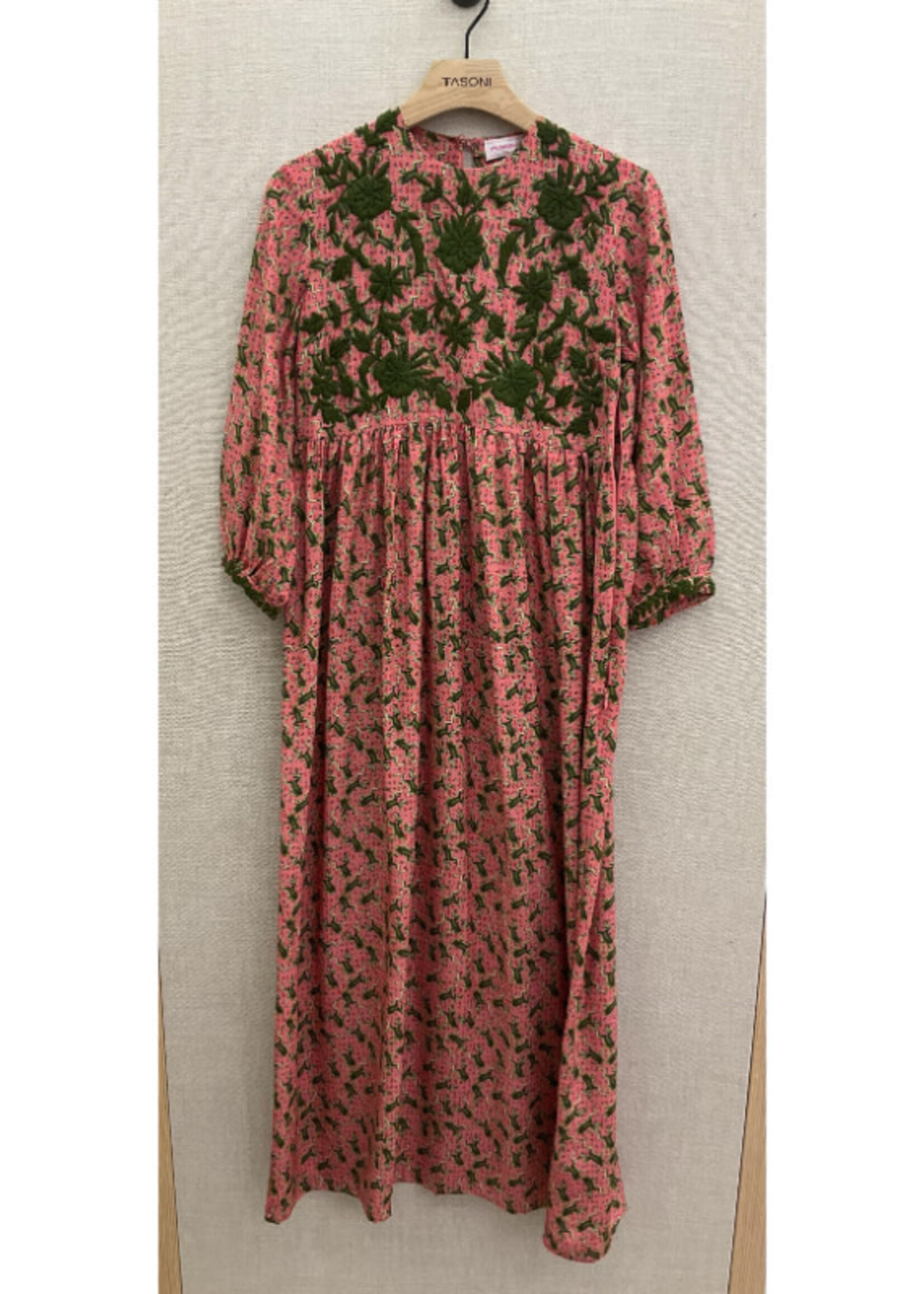 Muzungu Sisters Muzungu Sisters Dress, Print, Touba Silk Crew Neck Long Dress In Pink w/ Frog Blossom Print & Green Embroidery