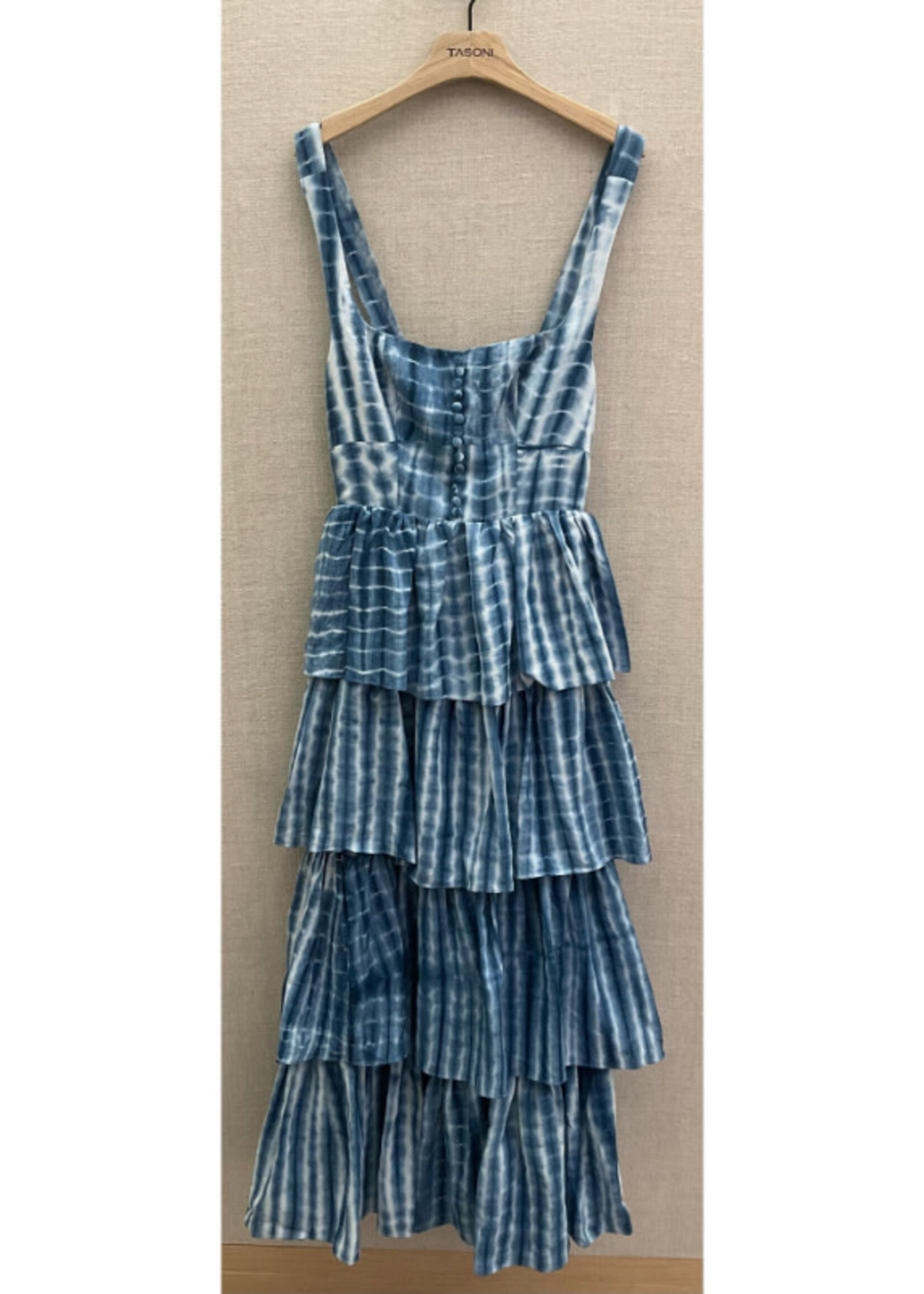 Muzungu Sisters Muzungu Sisters Dress, Multi, Iman Linen Sleeveless Corset Long Dress In Shibori Blue w/ Ruffles
