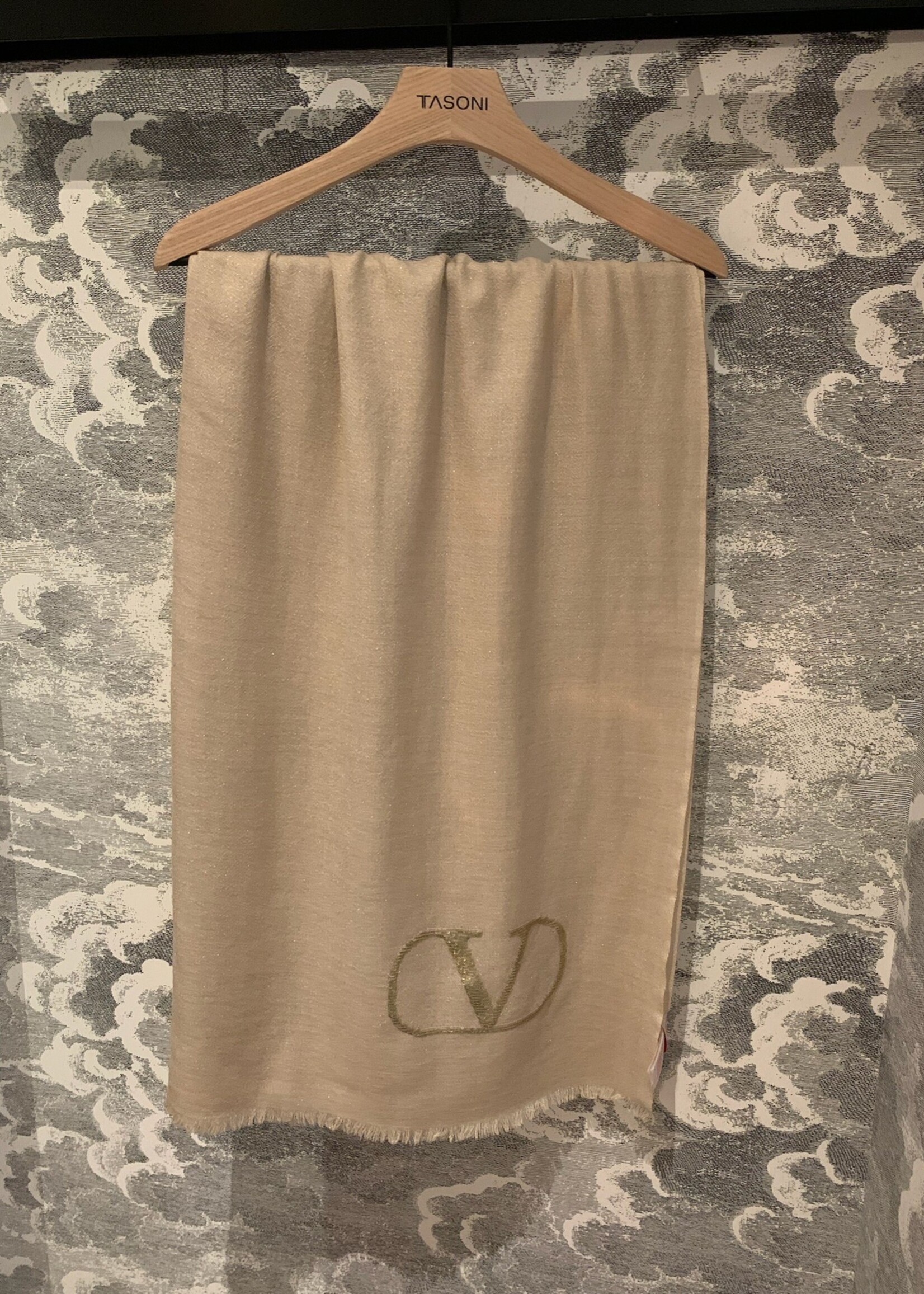 Valentino Valentino Scarf, Beige, Cashmere & Silk Mix Shawl in Cream w/ Lurex Logo Embroidery