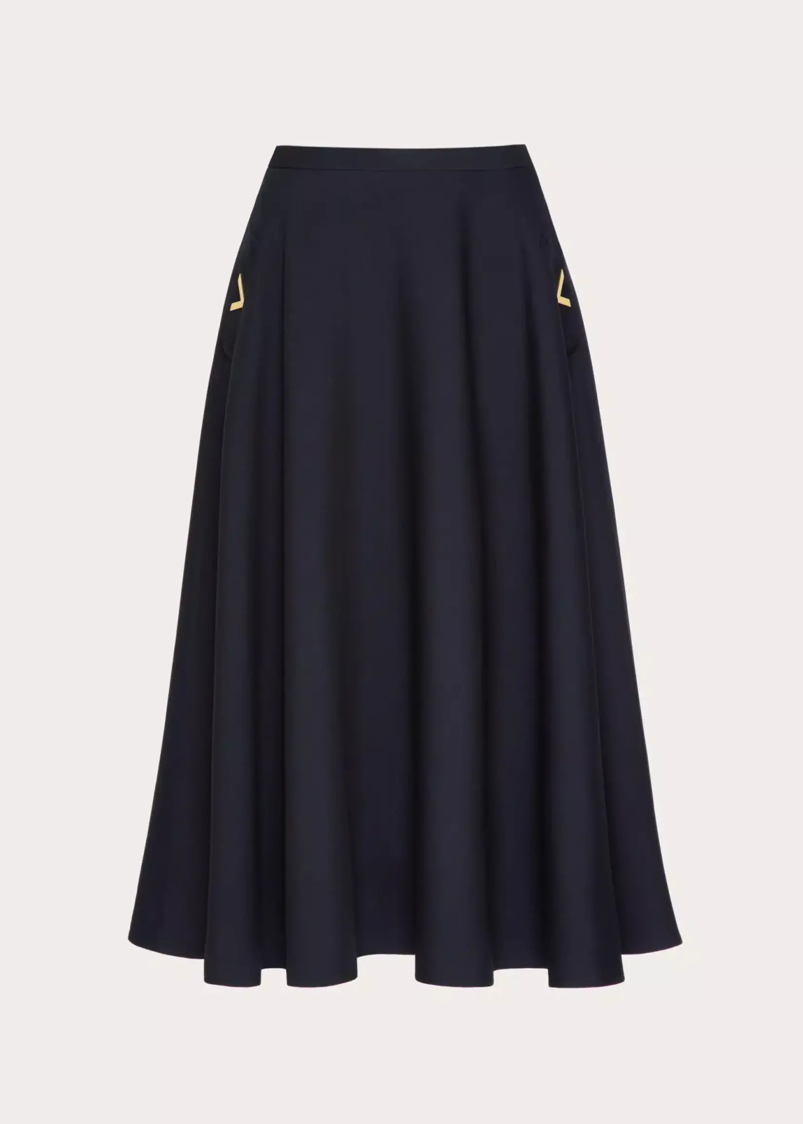 Valentino Valentino Skirt, Navy, Crepe Couture Solid Midi Skirt In Navy w/ V Gold Details
