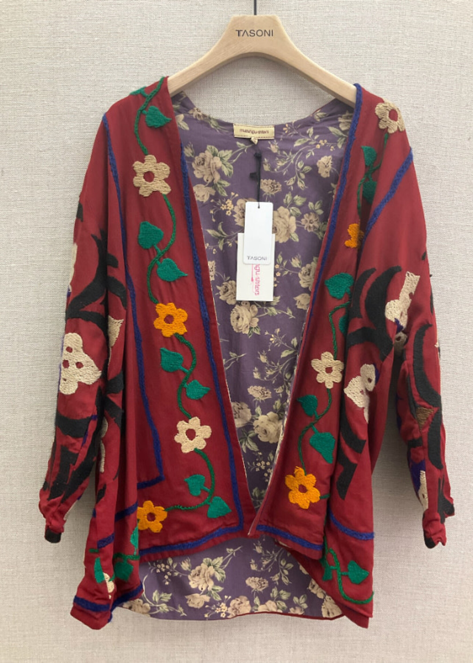 Muzungu Sisters Muzungu Sisters Jacket, Multi, Cotton Uzbek Suzani Jacket In Red & Multicolour w/ Floral Embroidery