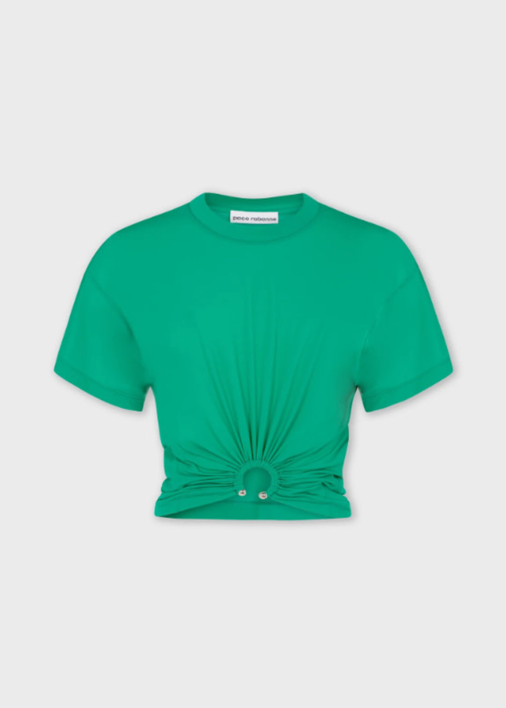 Rabanne Paco Rabanne T-Shirt, Green, Crew Neck Short Sleeve Asymetric T-Shirt In Emeraude w/ Ring Application