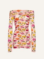 Magda Butrym Magda Butrym Dress, Print, Ruched Off Shoulder Long Sleeve Dress w/ Orange Print Roses