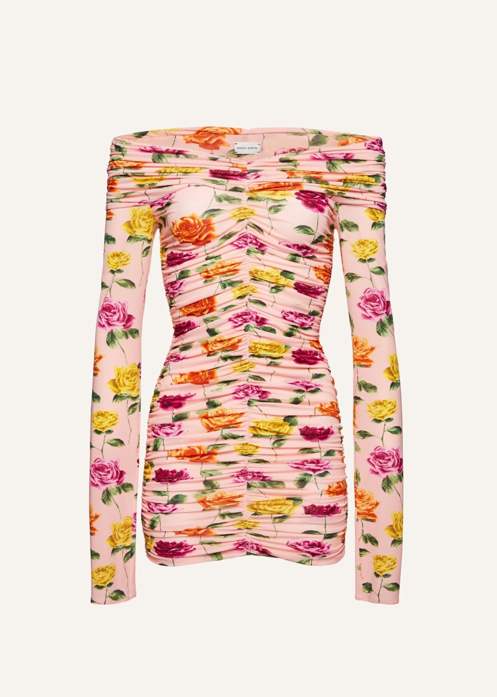 Magda Butrym Magda Butrym Dress, Print, Ruched Off Shoulder Long Sleeve Dress w/ Orange Print Roses