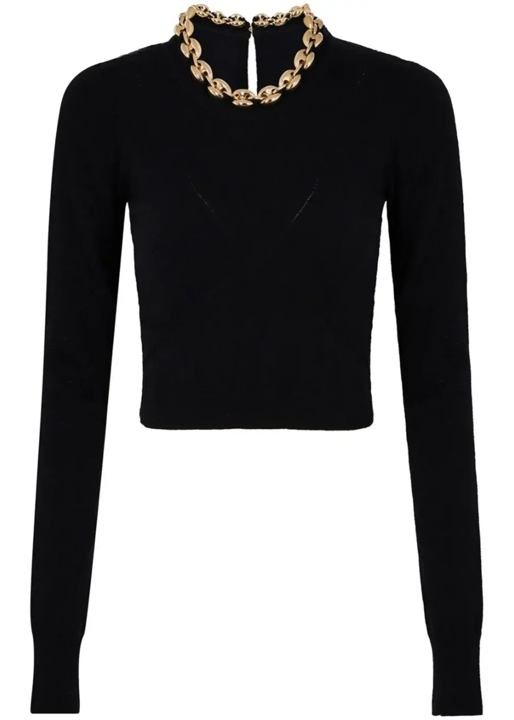 Rabanne Paco Rabanne Knitwear, Black, Wool & Cashmere Round Neck Pullover w/ Gold Chain Neck Assembly