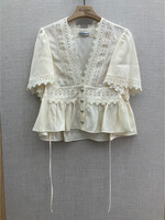 Rabanne Paco Rabanne Top, Beige, V-Neck Short Ruffled Sleeve Top In Cream