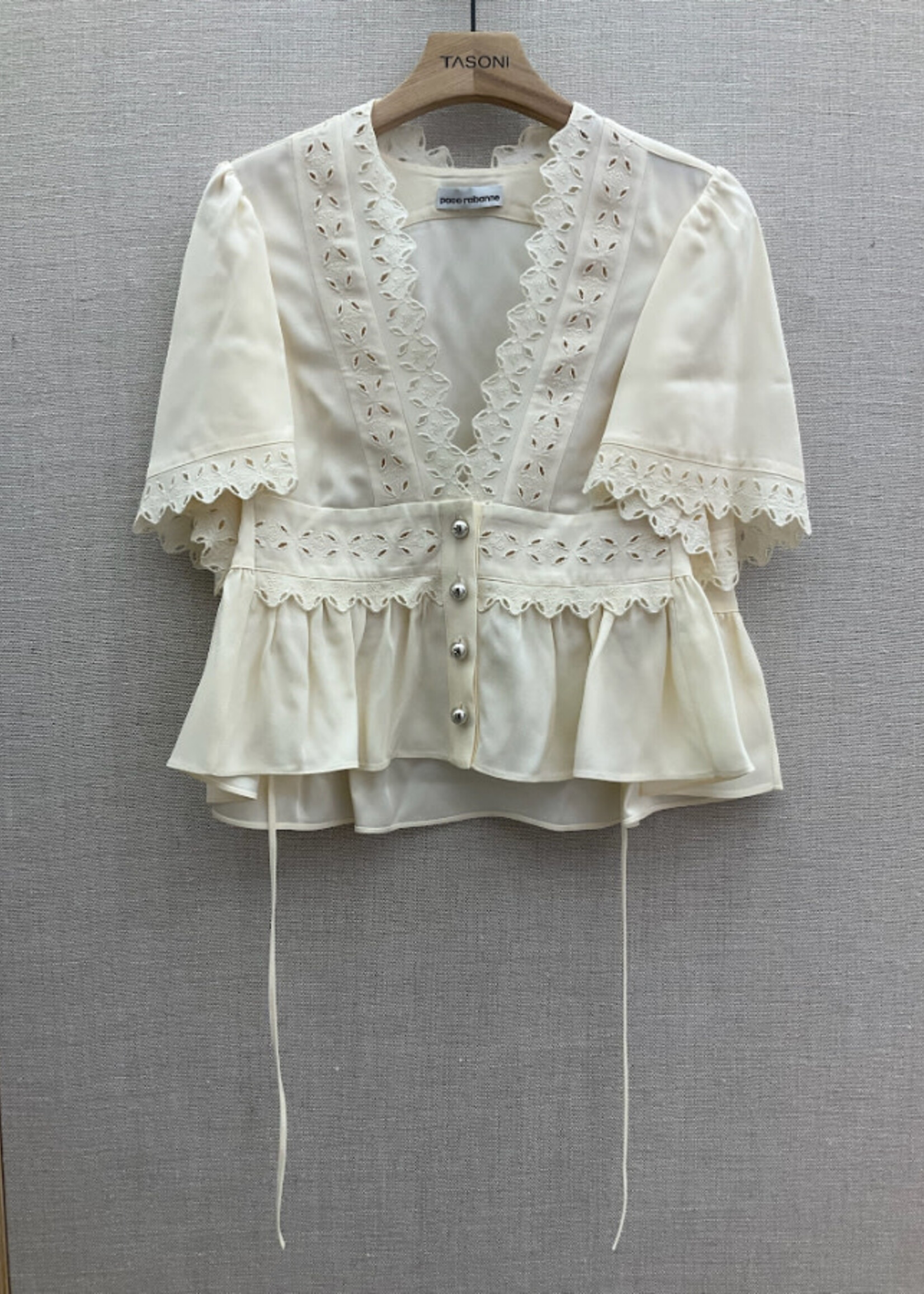 Rabanne Paco Rabanne Top, Beige, V-Neck Short Ruffled Sleeve Top In Cream