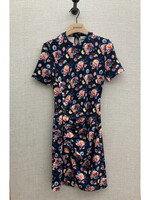 Rabanne Paco Rabanne Dress, Print, Short Sleeve Draped Dress In Mini Navy Neon Flowers w/ Silver Side Buttons