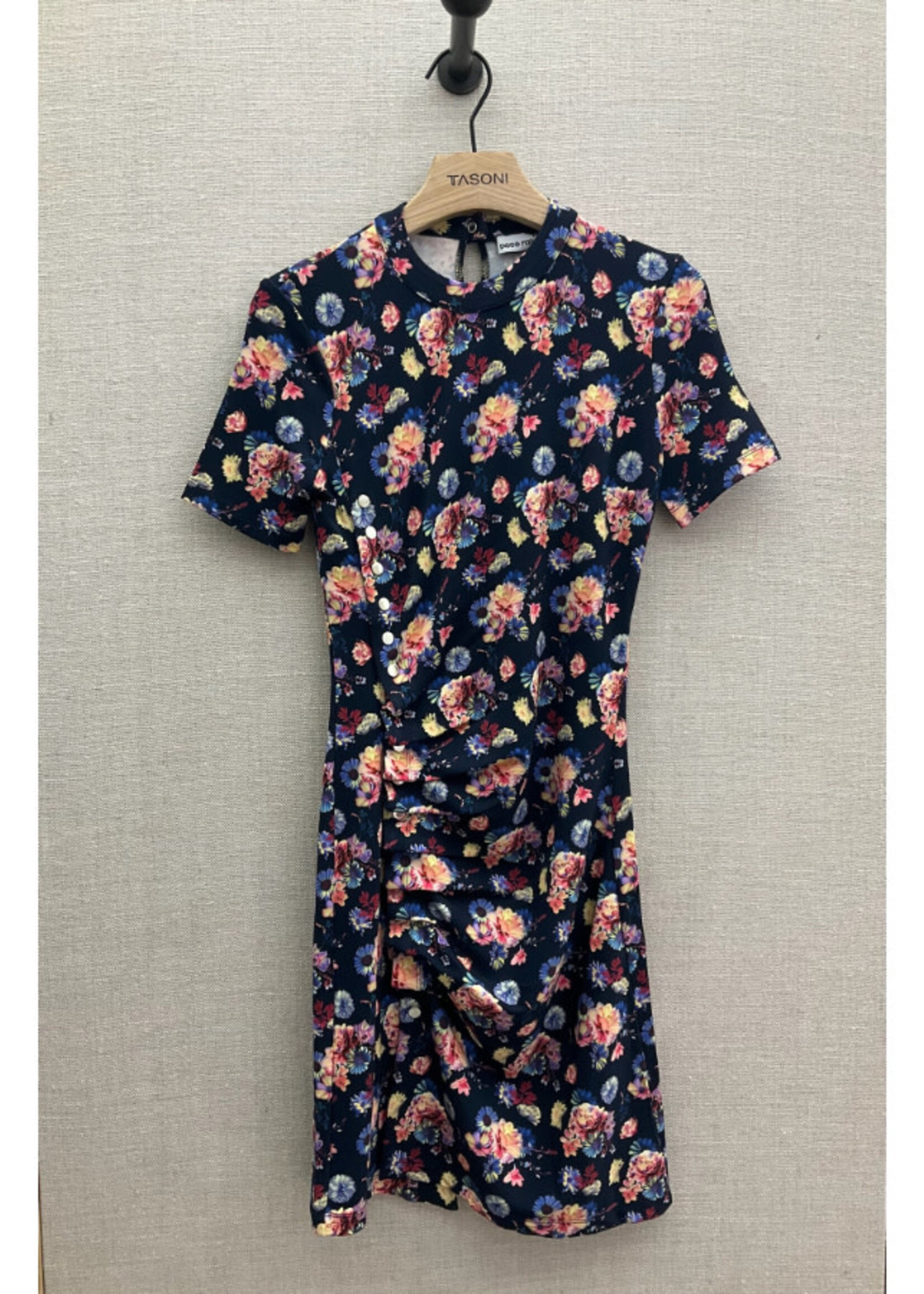 Rabanne Paco Rabanne Dress, Print, Short Sleeve Draped Dress In Mini Navy Neon Flowers w/ Silver Side Buttons