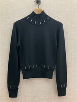 Rabanne Paco Rabanne Knitwear, Black, Wool & Silk High Neck Cut Out Pullover w/ Silver Studded Stitches