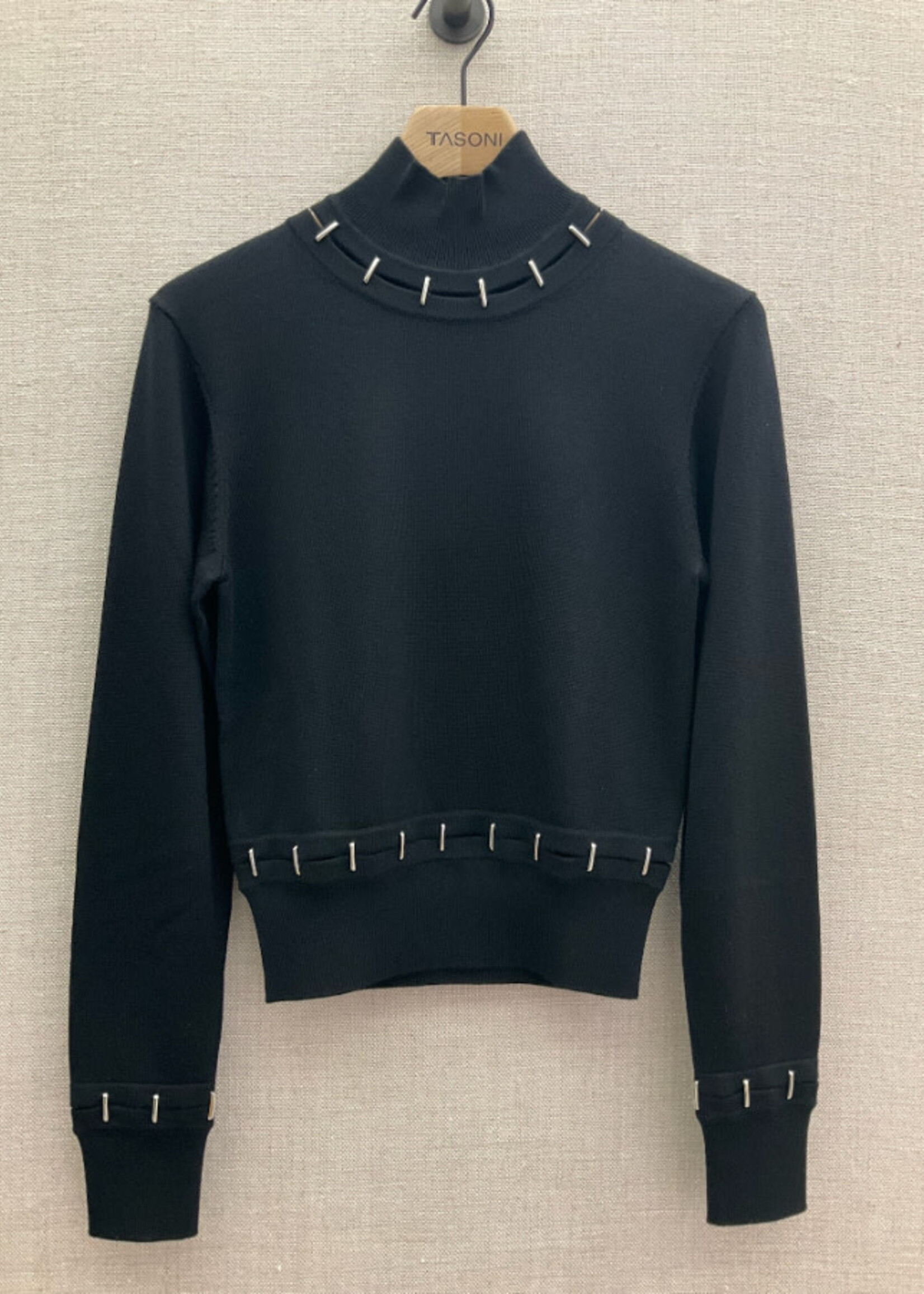 Rabanne Paco Rabanne Knitwear, Black, Wool & Silk High Neck Cut Out Pullover w/ Silver Studded Stitches