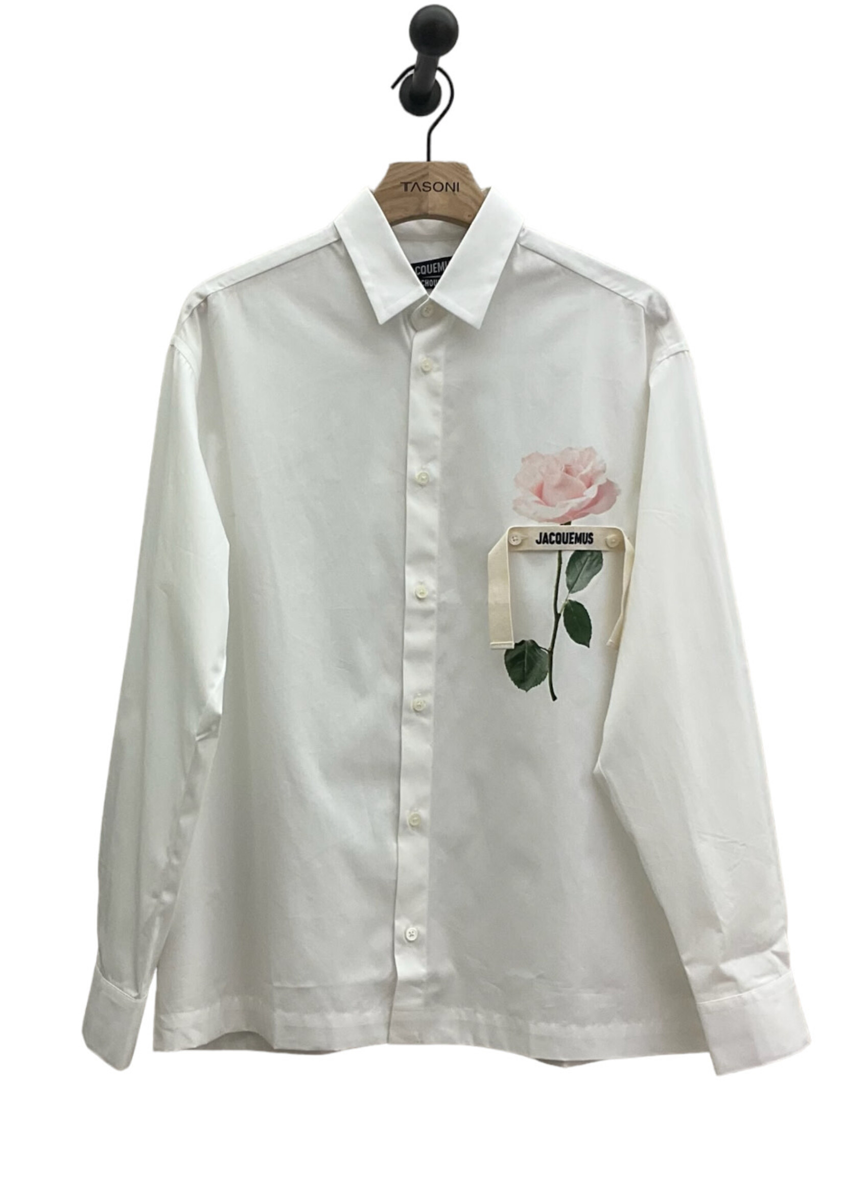 Jacquemus Jacquemus Shirt, White, La Chemise Baou Asymmetric Shirt In Print Light Pink Rose w/ Jacquemus Ribbon