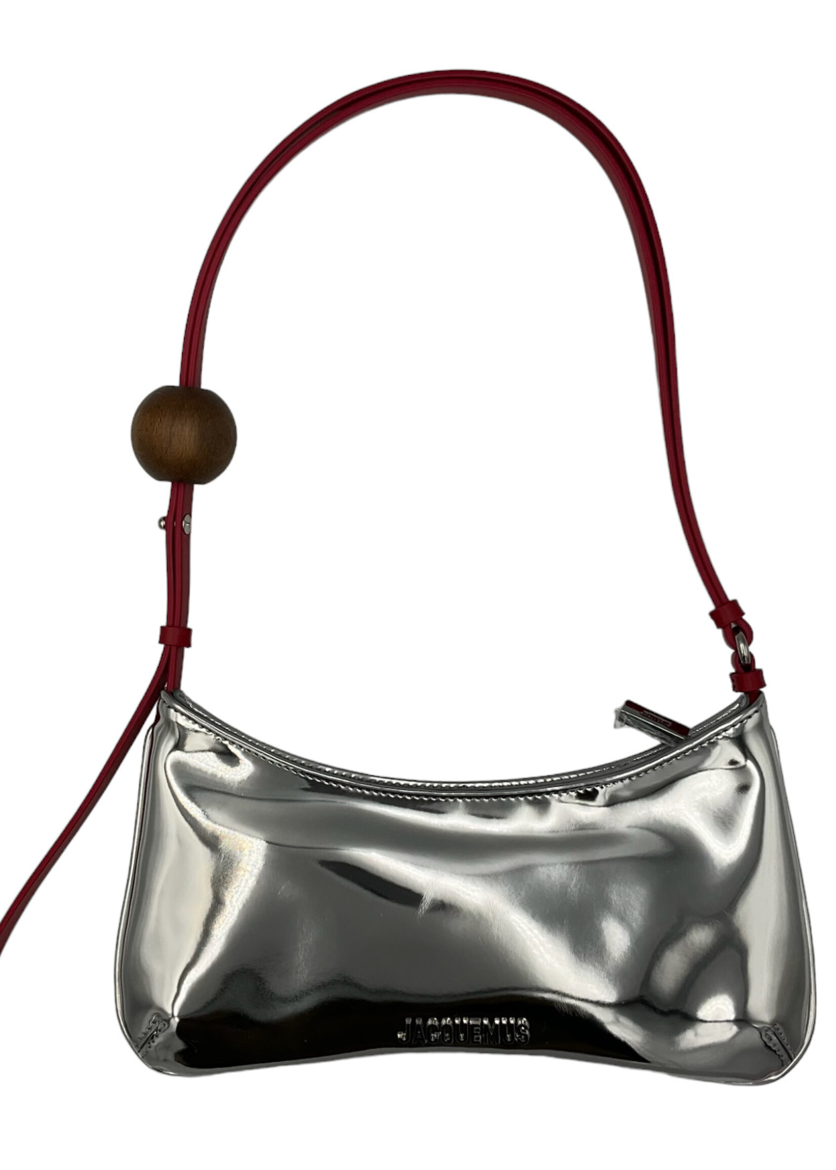 Jacquemus Jacquemus Shoulder Bag, Silver, Le Bisou Perle Beaded Bag In Silver w/ Red Shoulder Strap