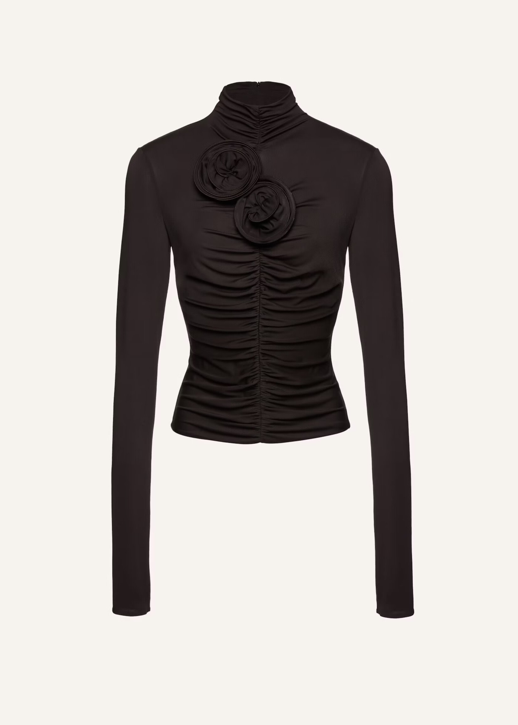 Magda Butrym Magda Butrym Top, Grey, High Neck Ruched Long Sleeve Top in Dark Brown w/ Floral Application