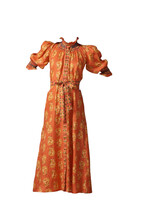 Muzungu Sisters Muzungu Sisters Dress, Print, Alexia Linen High Neck Three Quarter Sleeve Belted Maxi Dress In Orange w/ Lotus Feet Coral Print