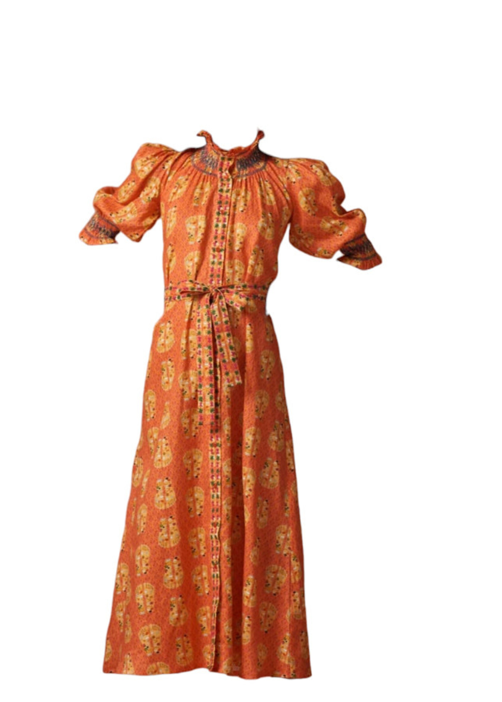 Muzungu Sisters Muzungu Sisters Dress, Print, Alexia Linen High Neck Three Quarter Sleeve Belted Maxi Dress In Orange w/ Lotus Feet Coral Print