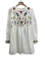 Muzungu Sisters Muzungu Sisters Dress, White, Emma Linen Crew Neck Long Sleeve Mini Dress In White w/ Multicolour Mushrooms Embroidery