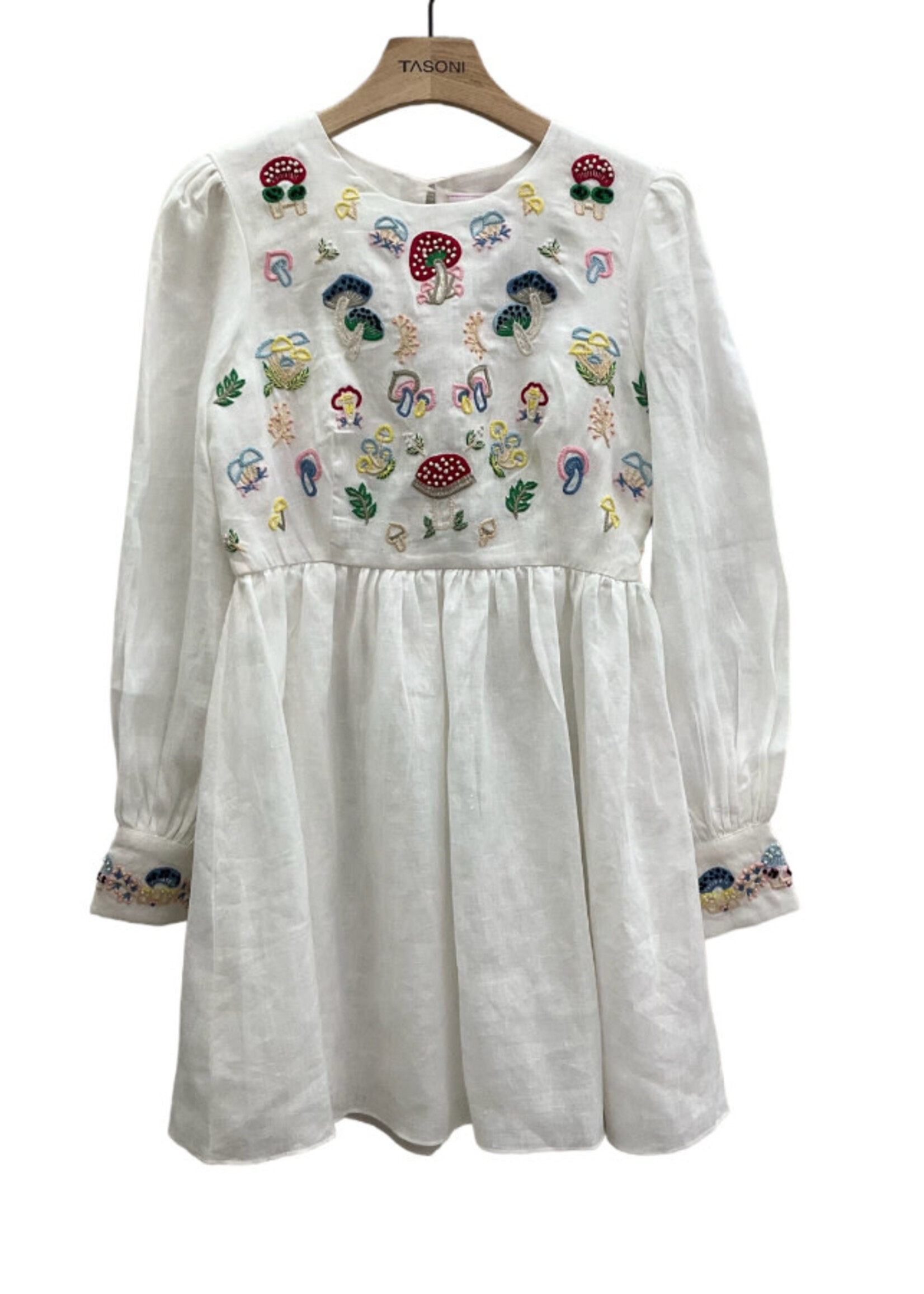 Muzungu Sisters Muzungu Sisters Dress, White, Emma Linen Crew Neck Long Sleeve Mini Dress In White w/ Multicolour Mushrooms Embroidery
