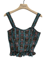 Muzungu Sisters Muzungu Sisters Top, Print, Alexandra Silk Sleeveless Cropped Top in Blue w/ Serpent Ocean Print & Ruffle Detail