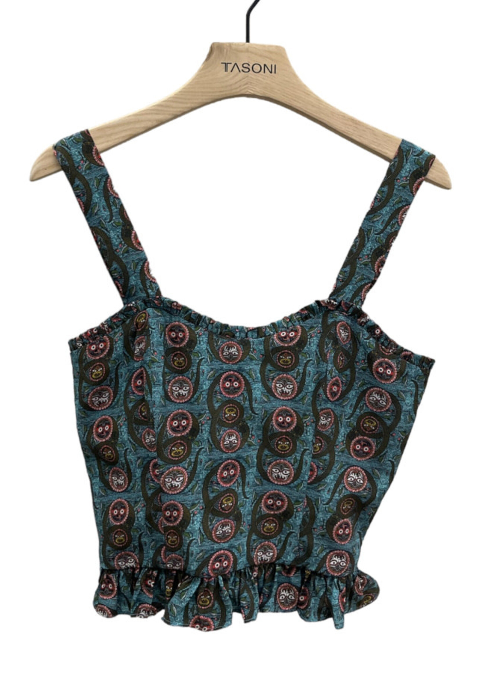 Muzungu Sisters Muzungu Sisters Top, Print, Alexandra Silk Sleeveless Cropped Top in Blue w/ Serpent Ocean Print & Ruffle Detail