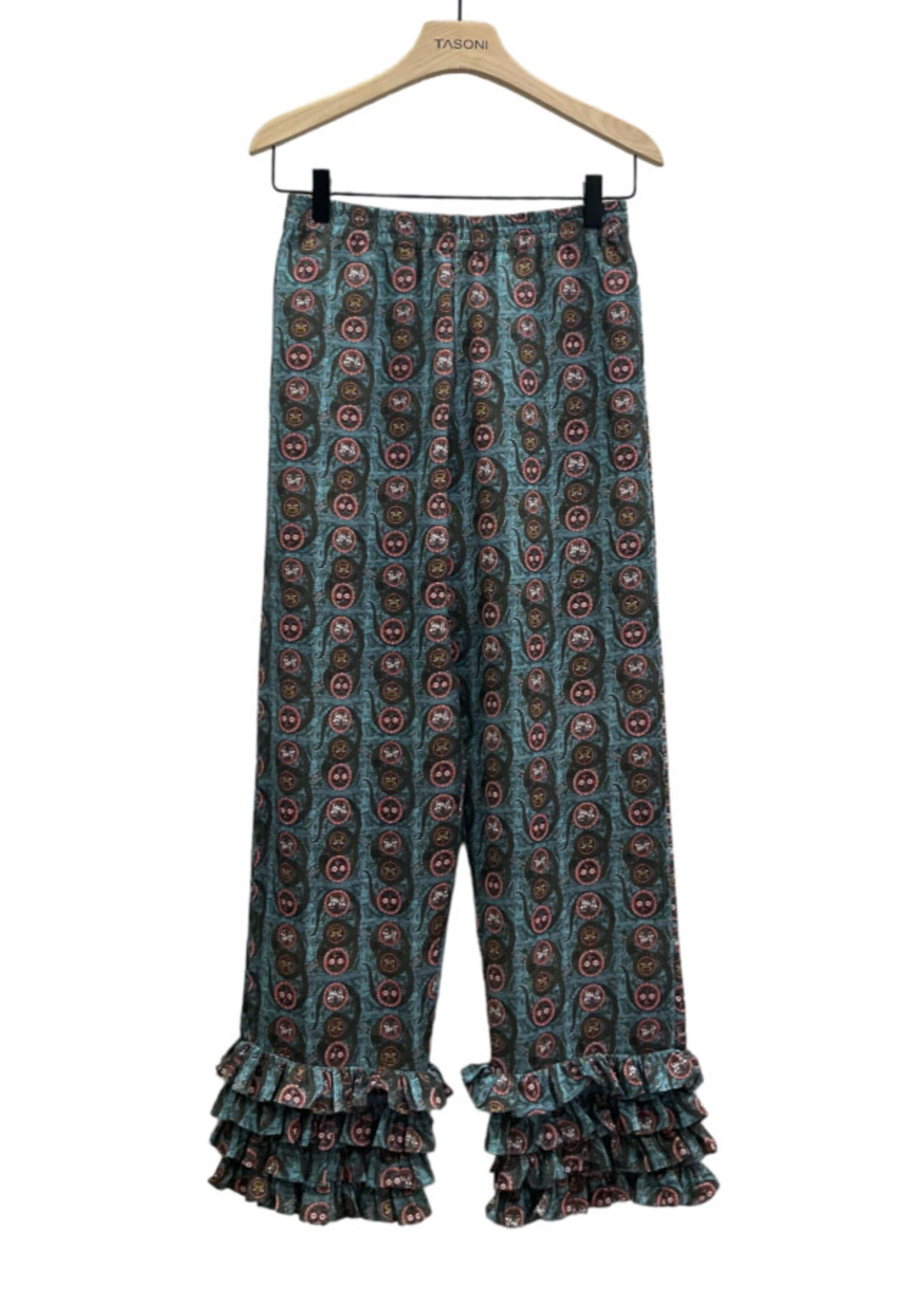 Muzungu Sisters Muzungu Sisters Trousers, Print, Talitha Linen Elastic Waist Pants In Blue w/ Serpent Ocean Print & Ruffle Detail