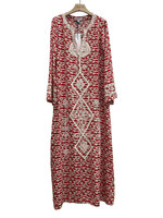Muzungu Sisters Muzungu Sisters Dress, Print, Silk V-Neck Long Sleeve Kaftan In Red w/ Geometric Embroidery & Mushroom Print