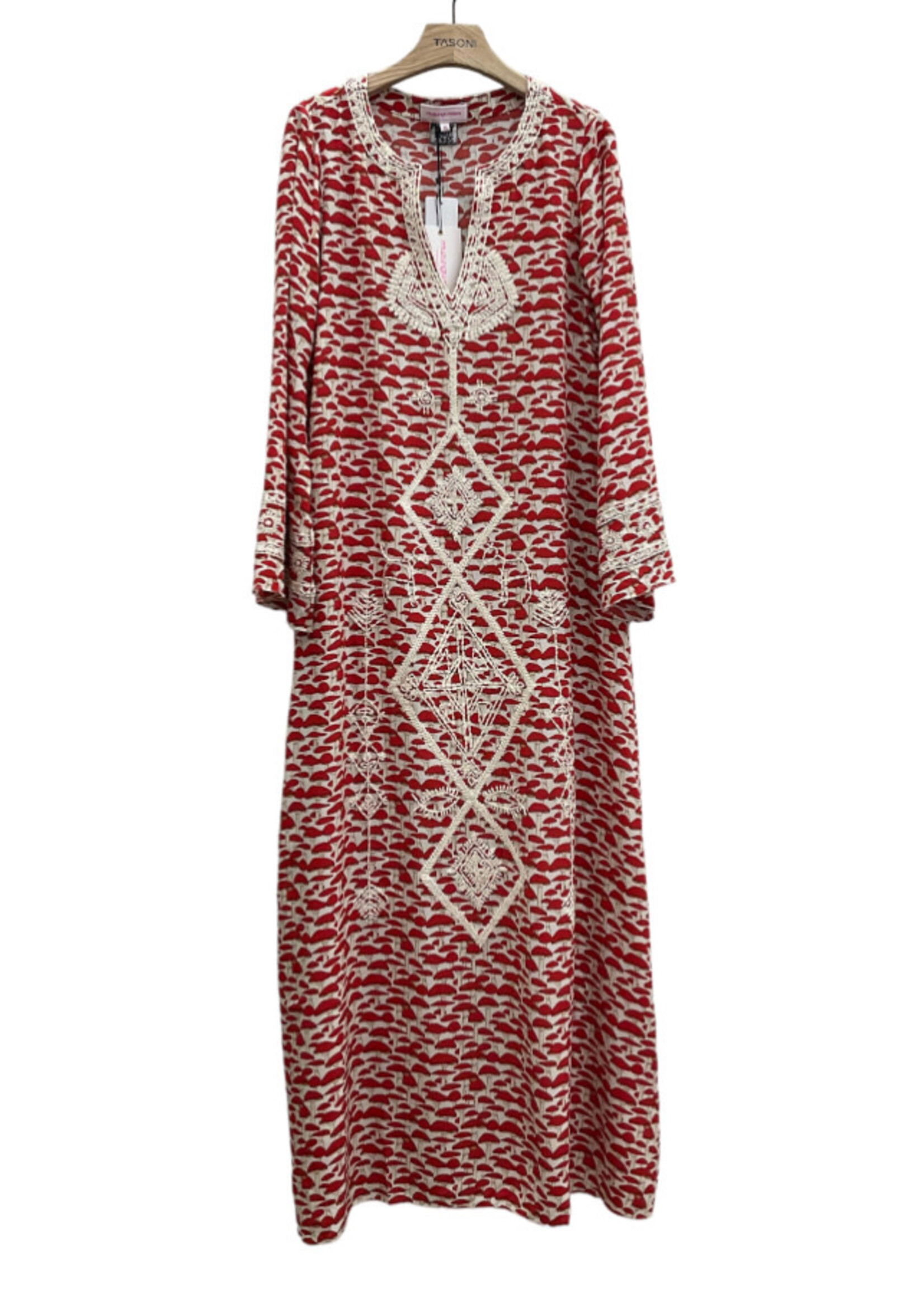 Muzungu Sisters Muzungu Sisters Dress, Print, Silk V-Neck Long Sleeve Kaftan In Red w/ Geometric Embroidery & Mushroom Print