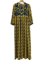 Muzungu Sisters Muzungu Sisters Dress, Multi, Touba Dress Silk Crew Neck Long Dress In Serpent Yellow w/ Navy Embroidery