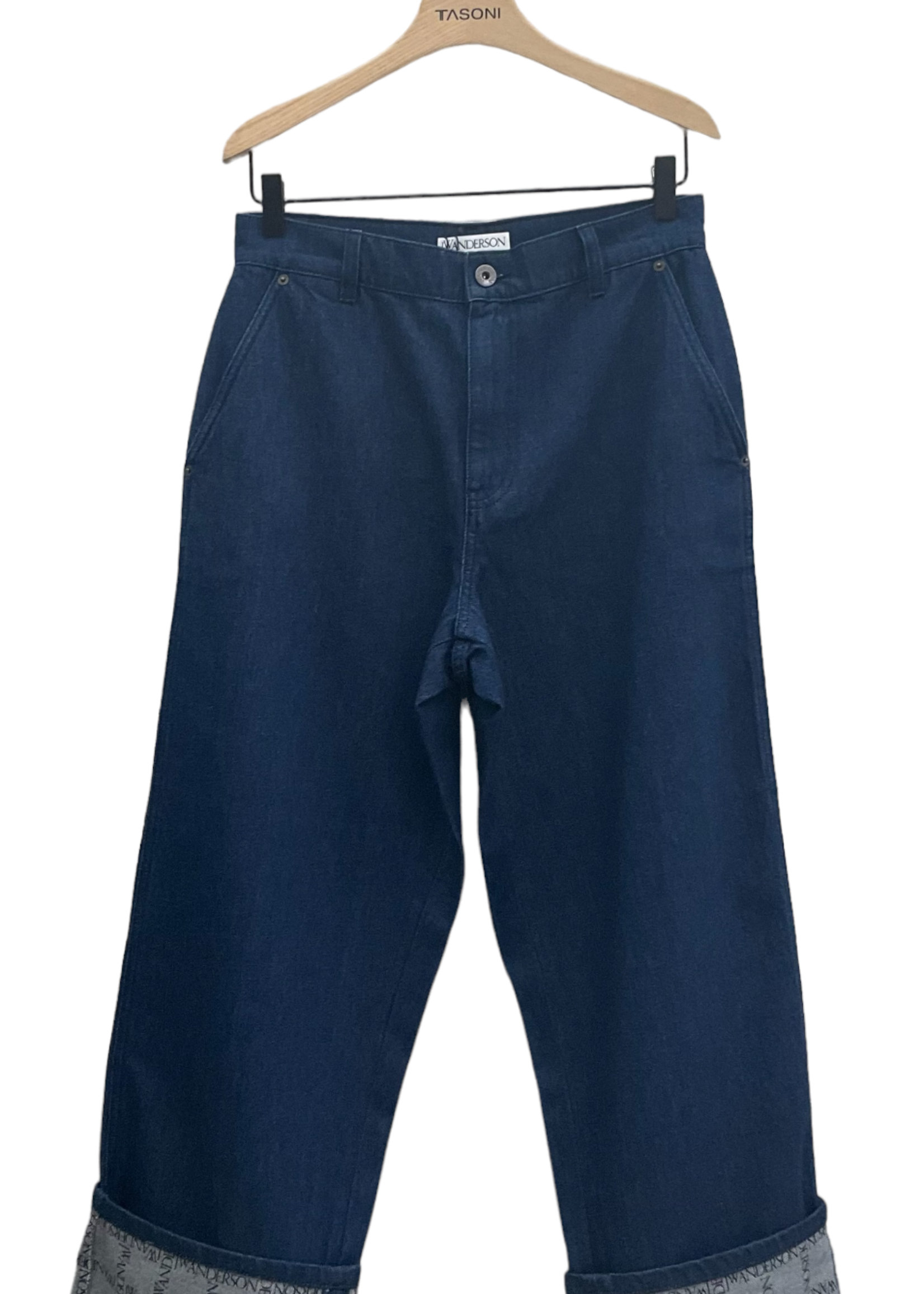 J.W. Anderson J.W. Anderson Jeans, Blue, Rigid Cotton Straight Fit Up Workwear Denim Trousers In Indigo w/ Logo Grid Turn