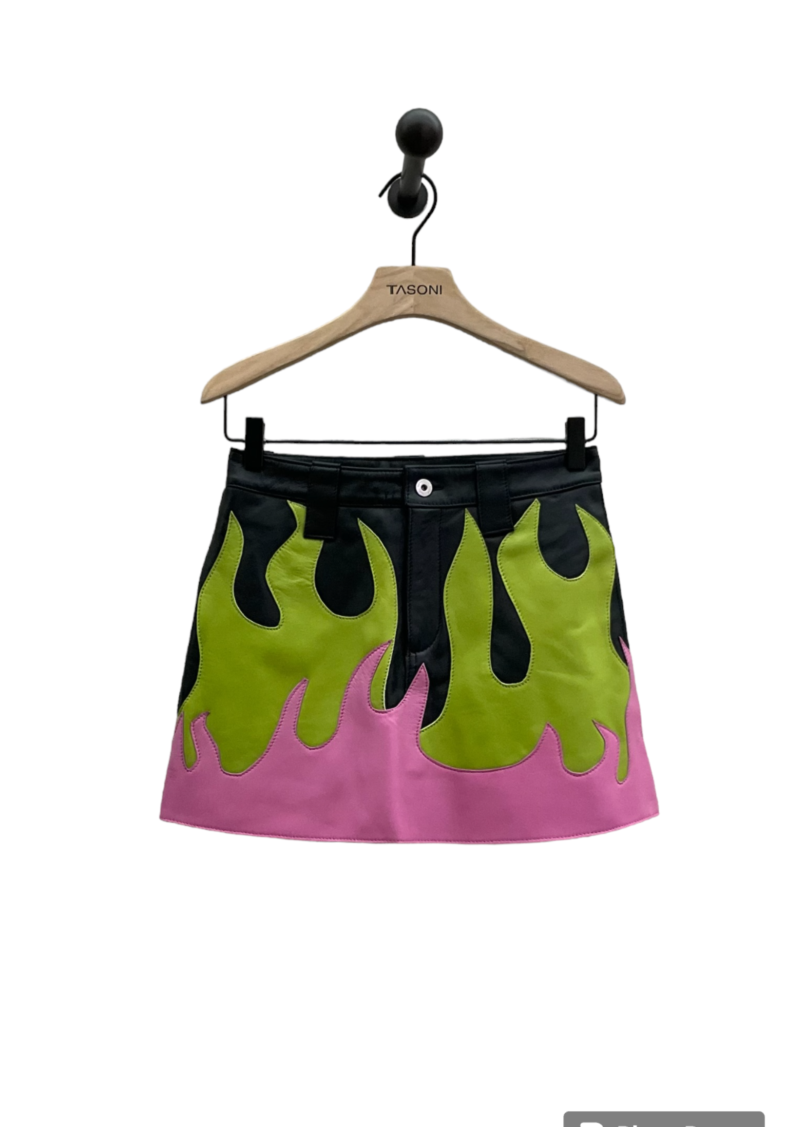 Marques' Almeida Marques' Almeida Skirt, Multi, Leather Mini Skirt in Black Lime & Pink w/ Flames Pattern