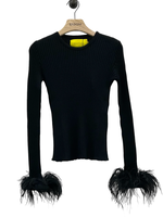 Marques' Almeida Marques' Almeida Knitwear, Black, Merino Wool Fitted Crew Neck Ribbed Knit Top w/ Feather Cuffs