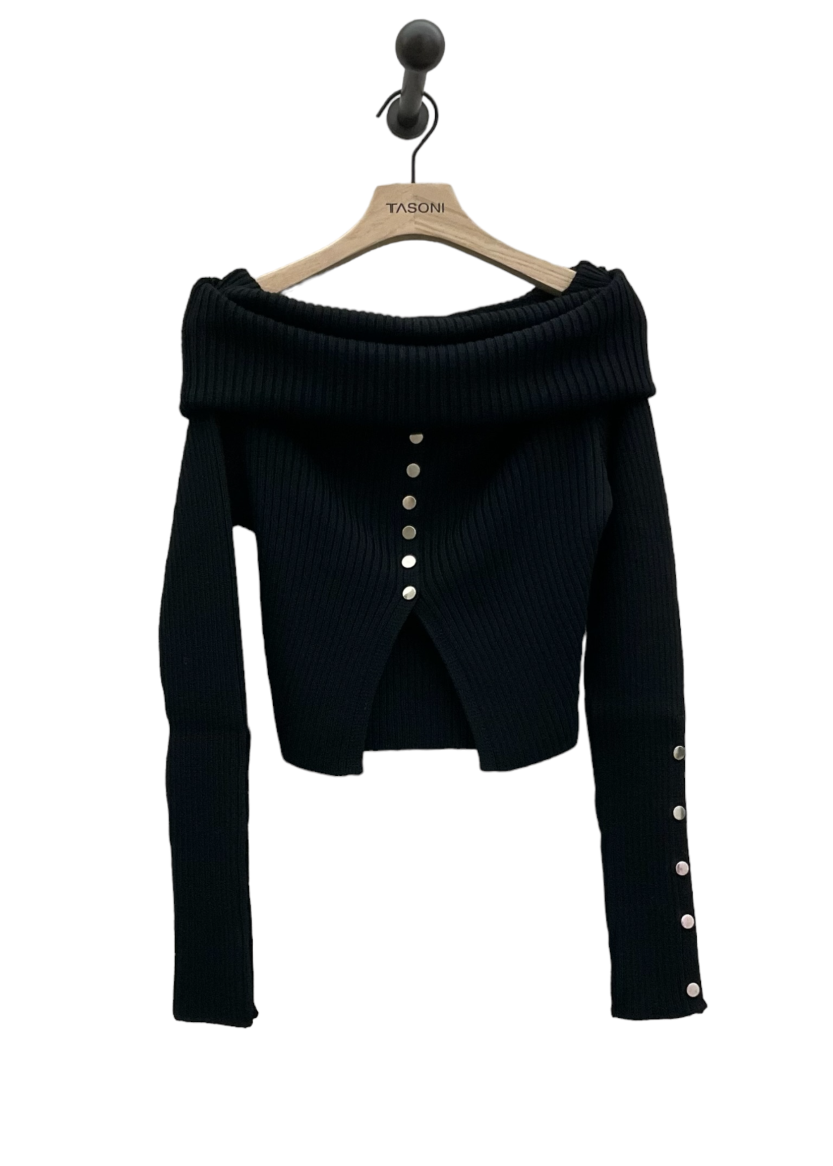Marques' Almeida Marques' Almeida Knitwear, Black, Merino Wool Off Shoulder Ribbed Knit Cropped Top w/ Snap Buttons