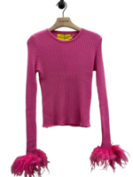 Marques' Almeida Marques' Almeida Knitwear, Pink, Merino Wool Fitted Crew Neck Ribbed Knit Top w/ Feather Cuffs