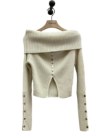 Marques' Almeida Marques' Almeida Knitwear, White, Merino Wool Off Shoulder Ribbed Knit Cropped Top w/ Snap Buttons
