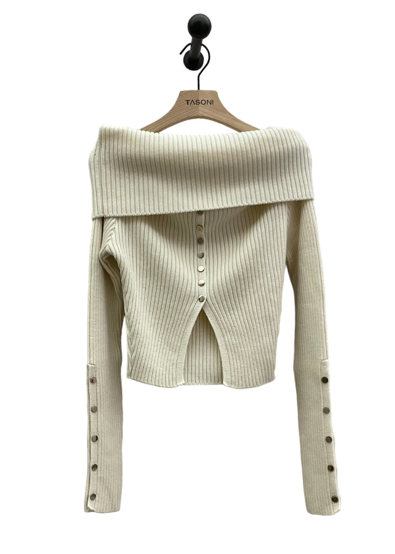 Marques' Almeida Marques' Almeida Knitwear, White, Merino Wool Off Shoulder Ribbed Knit Cropped Top w/ Snap Buttons