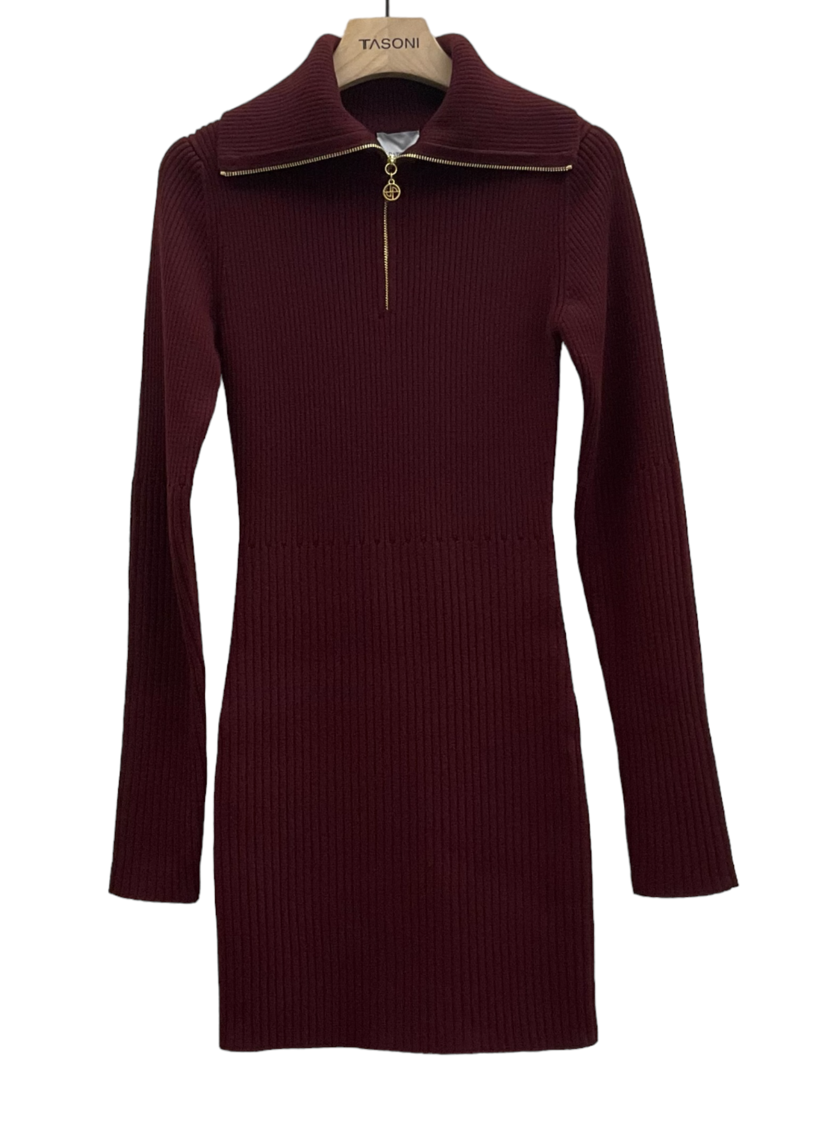 Patou Patou Dress, Red, Virgin Wool Zipped High Neck Ribbed Mini Dress in Ruby Wine