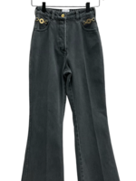 Patou Patou Trousers, Grey, Cotton High Waist Flared Denim Trousers in Anthracite w/ Gold Chain Detail