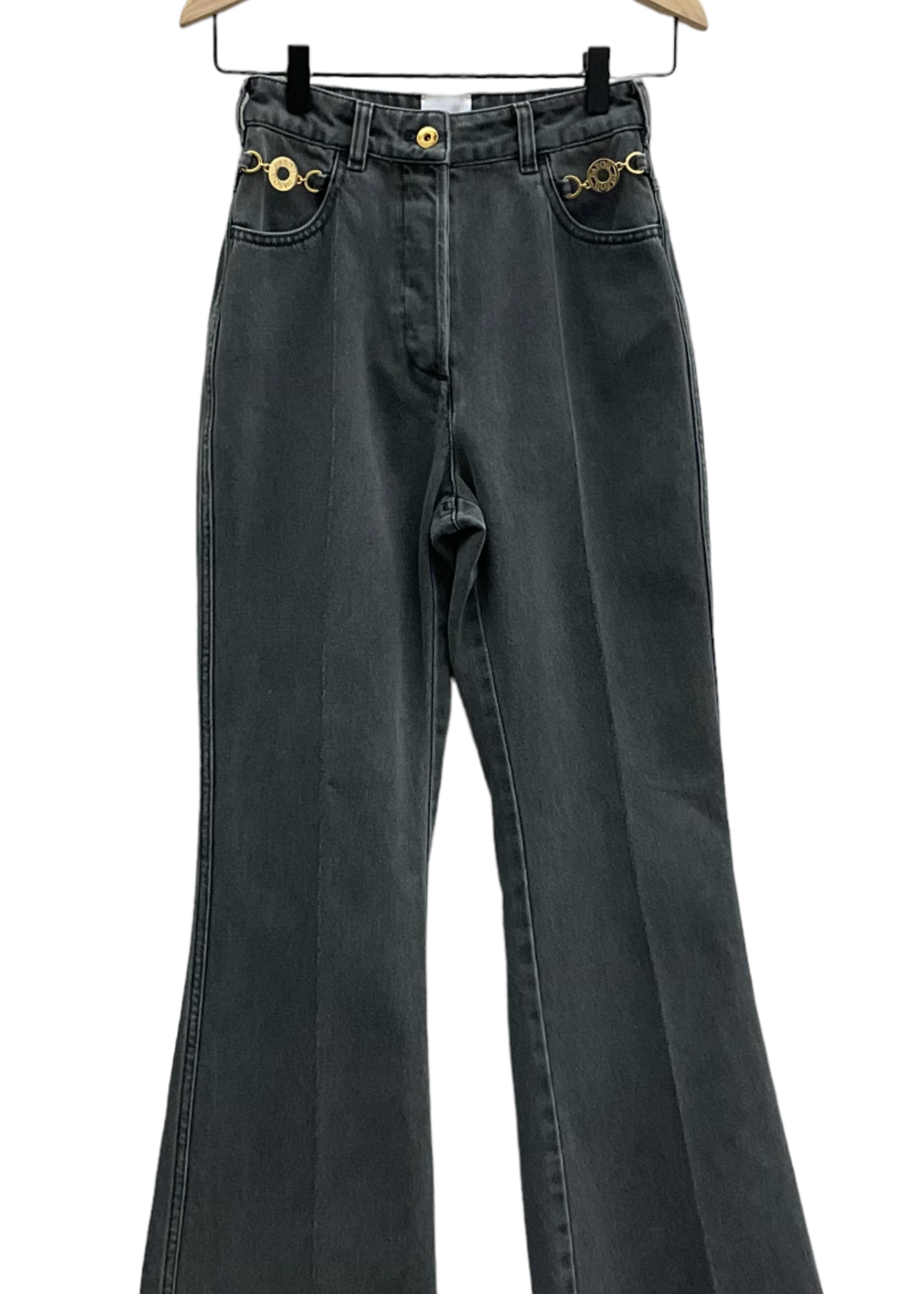 Patou Patou Trousers, Grey, Cotton High Waist Flared Denim Trousers in Anthracite w/ Gold Chain Detail