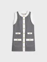 Celine Celine Dress, Multi, Trapeze Crew Neck Sleeveless Striped Mini Dress In Raw Indigo & White w/ Four Pockets & Gold Buttons