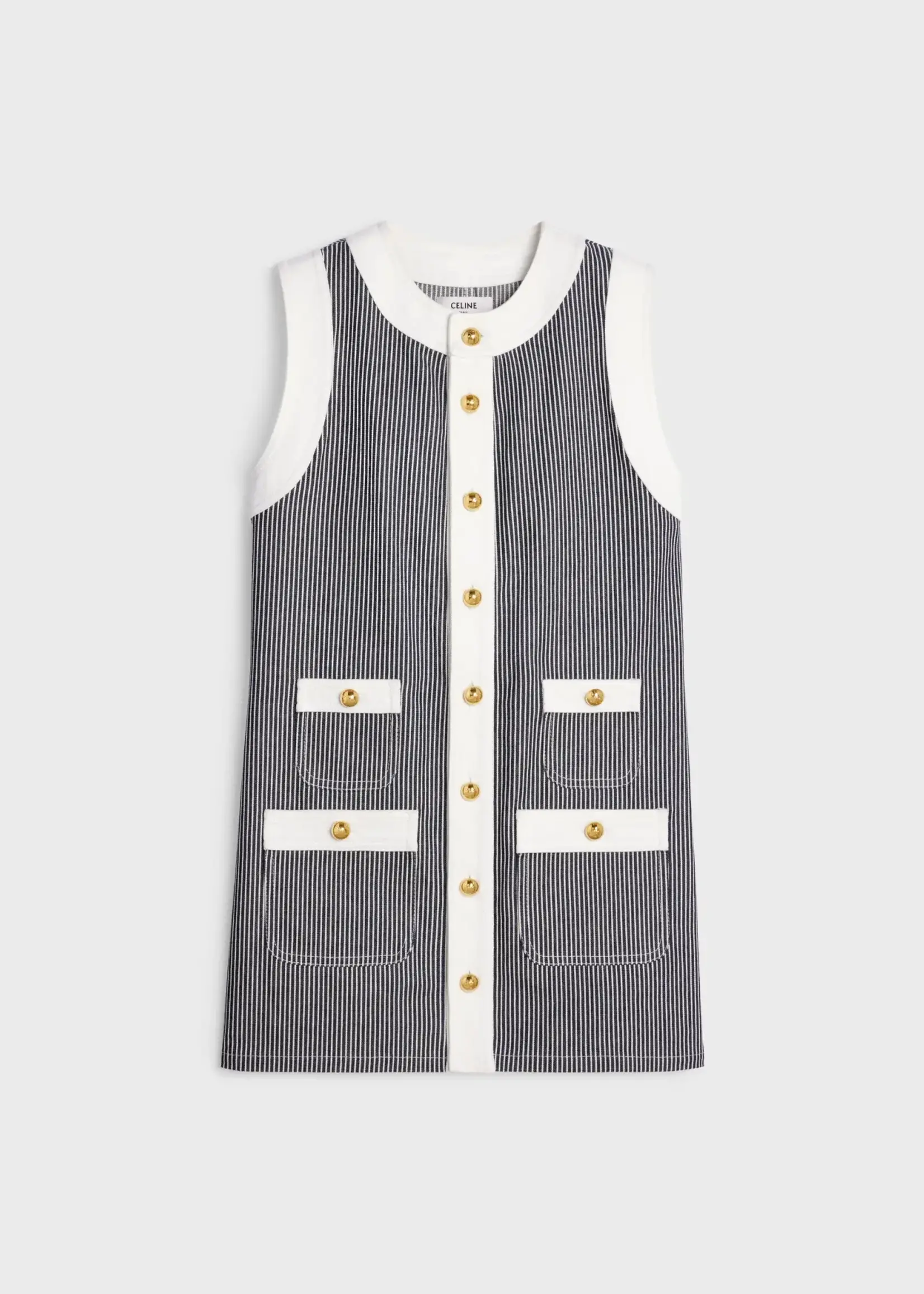 Celine Celine Dress, Multi, Trapeze Crew Neck Sleeveless Striped Mini Dress In Raw Indigo & White w/ Four Pockets & Gold Buttons