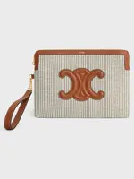 Celine Celine Small Leather Good, Multi, Striped Textile & Calf Leather Zipped Up Small Pouch in Beige & White w/ Strap & Logo
