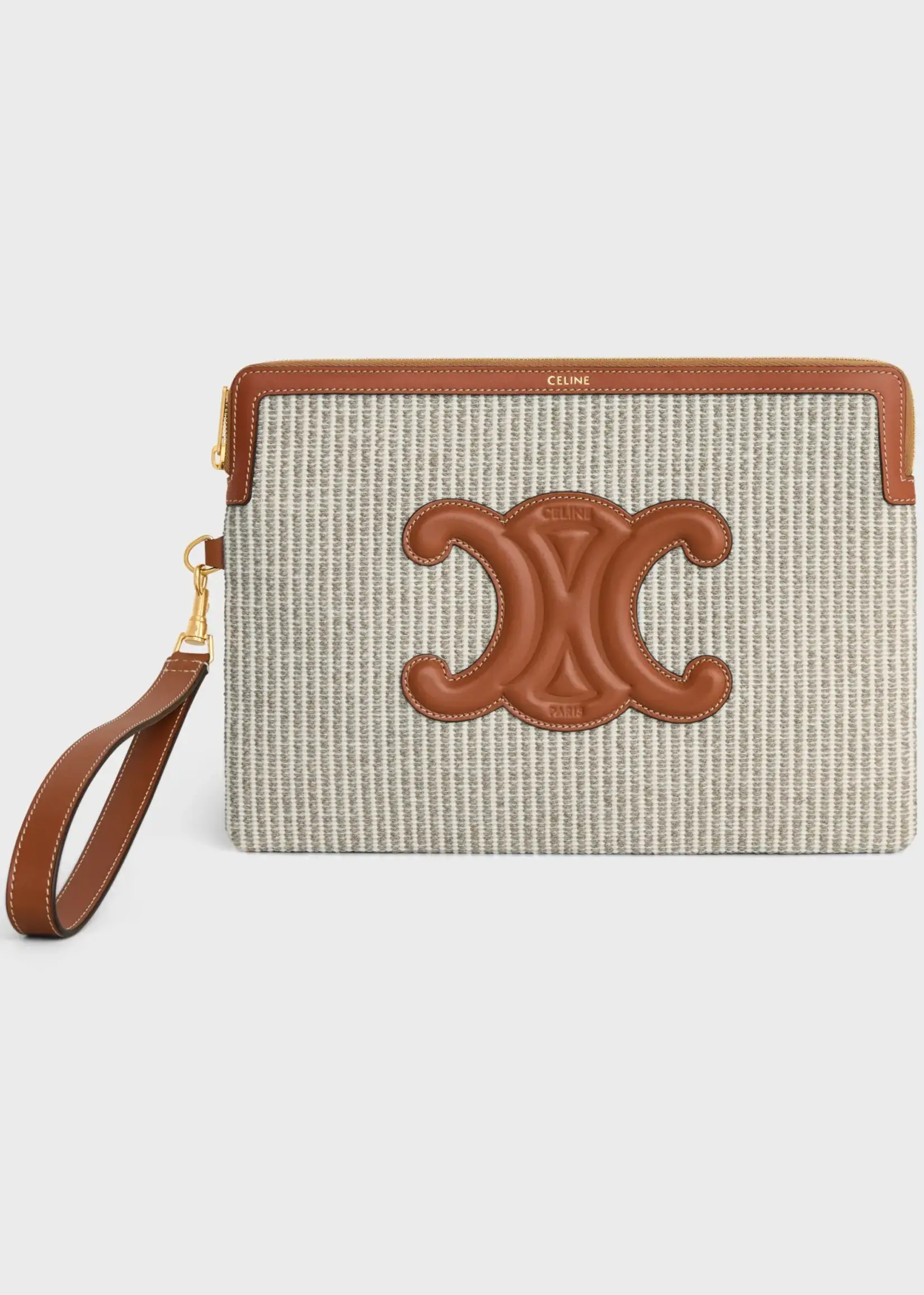 Celine Celine Small Leather Good, Multi, Striped Textile & Calf Leather Zipped Up Small Pouch in Beige & White w/ Strap & Logo