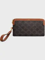 Celine Celine Small Leather Good, Multi, Canvas & Calfskin Zipped Up Long Pouch In Tan w/ Strap & All Over Triomphe Logo