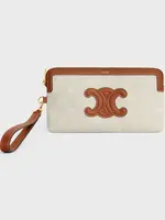 Celine Celine Small Leather Good, Multi, Textile & Calf Leather Zipped Up Long Pouch In Natural & Tan w/ Strap & All Over Triomphe Logo