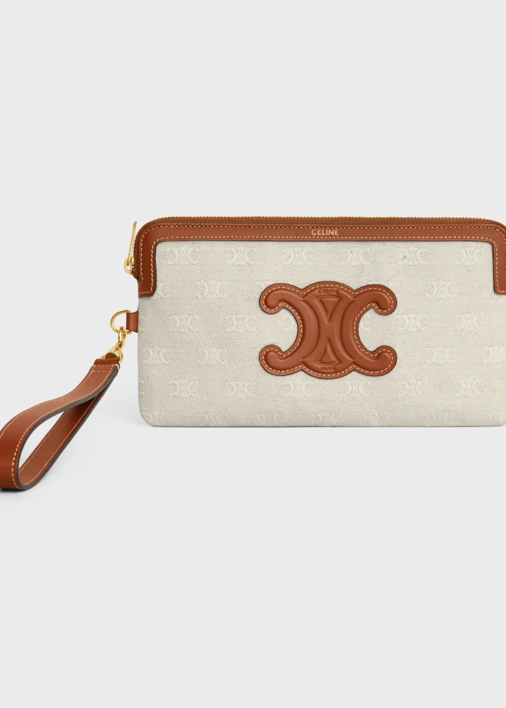 Celine Celine Small Leather Good, Multi, Textile & Calf Leather Zipped Up Long Pouch In Natural & Tan w/ Strap & All Over Triomphe Logo