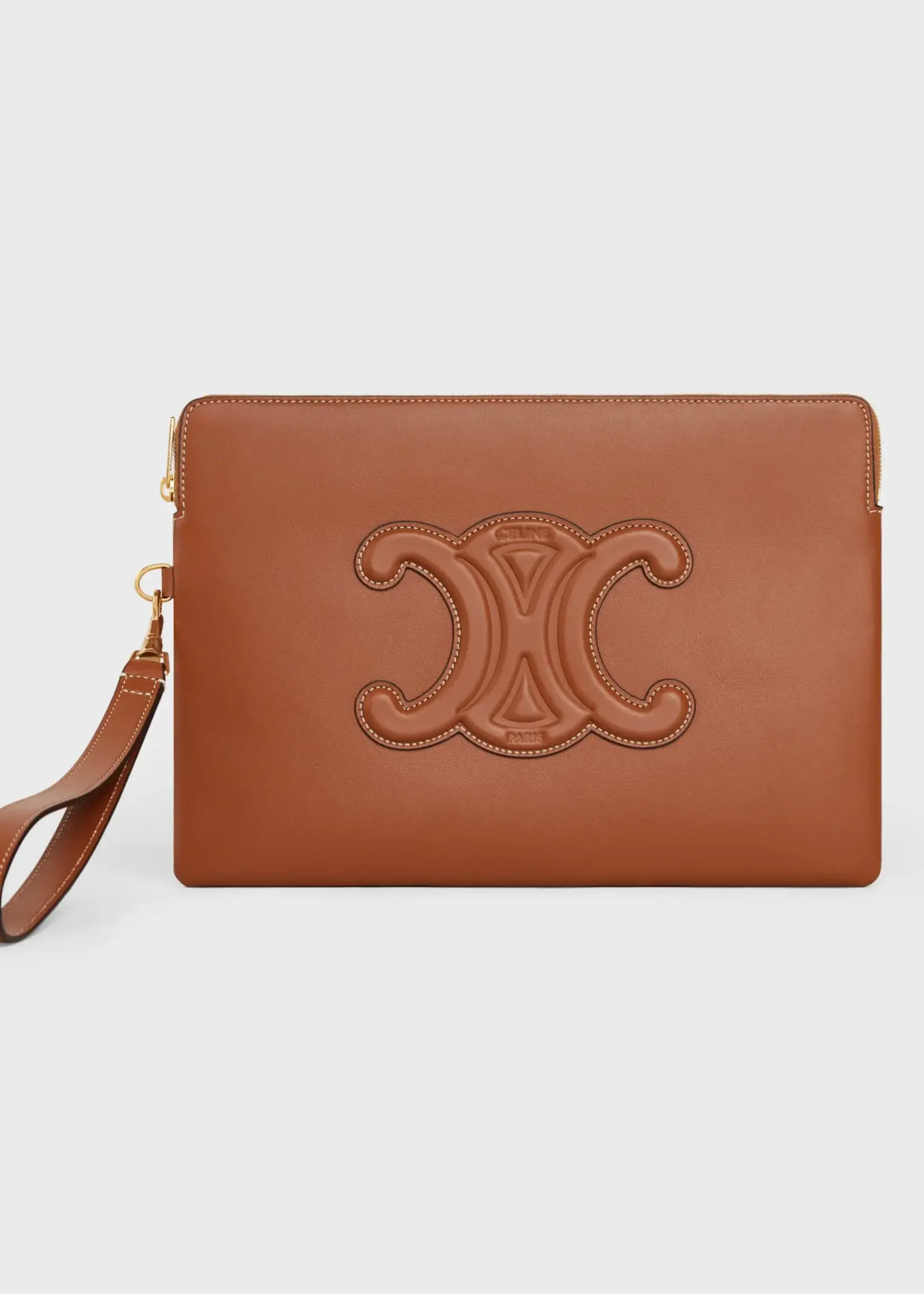 Celine Celine Small Leather Good, Brown, Smooth Calf Leather Zipped Up Small Pouch In Tan w/ Strap & Logo