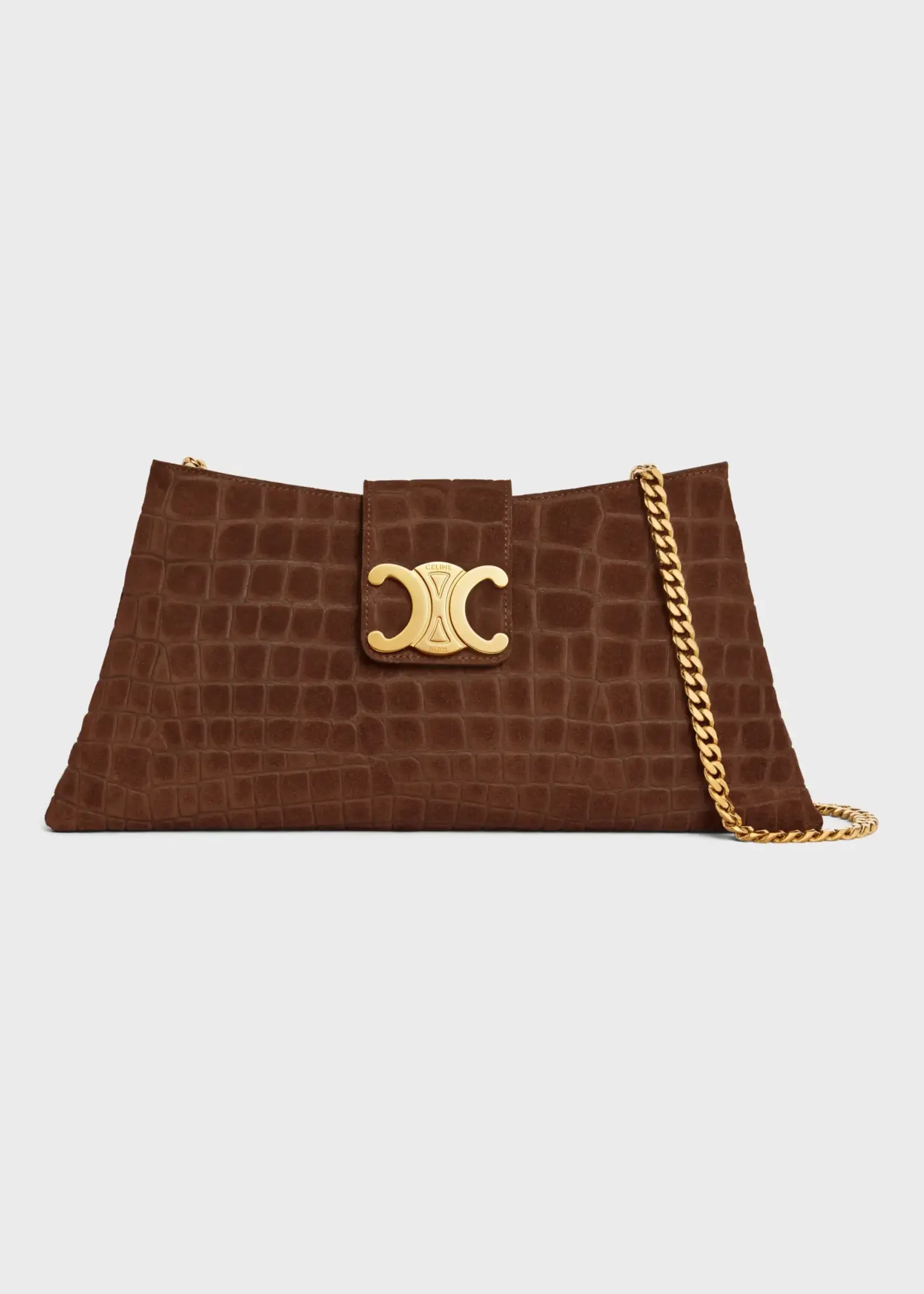 Celine Celine Bag, Brow, Wiltern Crocodile Embossed Suede Calf Leather Top Handle Clutch In Brown w/ Gold Chain Strap