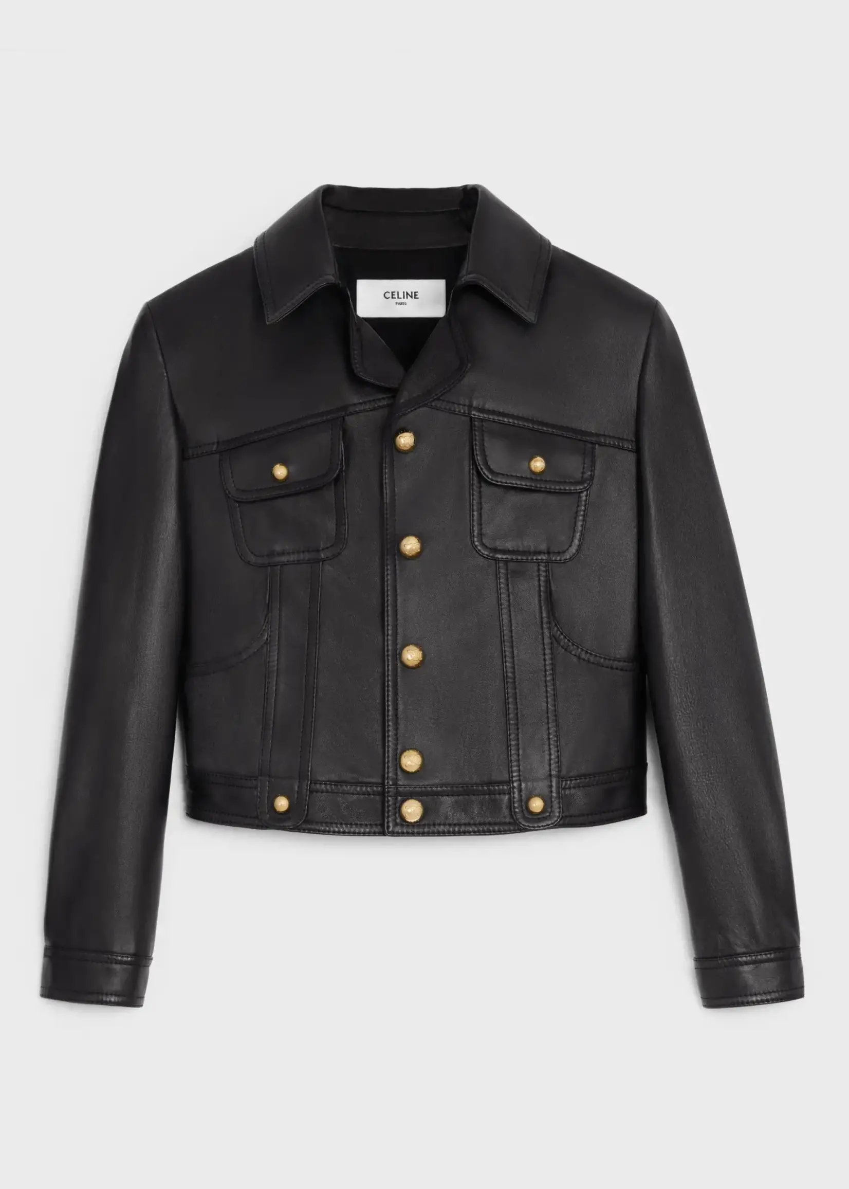 Celine Celine Jacket, Black, Straight Neoprene Blouson Lamb Leather Collared Button Up